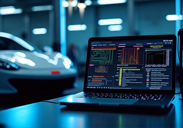 Professionele ECU remap software visualisatie op een laptop bij een auto